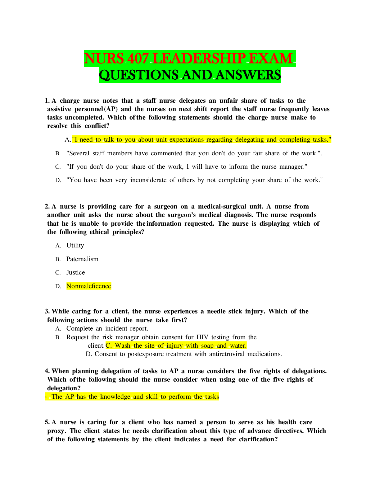 Preview of NURS 407 / NURS407 Leadership Exam |Questions & Answers with Rationale on some Answers | L